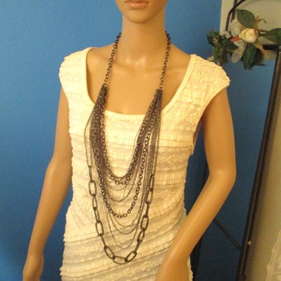VINTAGE Metallic Grey Multi-Chain Necklace~48" Waist Length Convertible Necklace - Picture 7 of 11